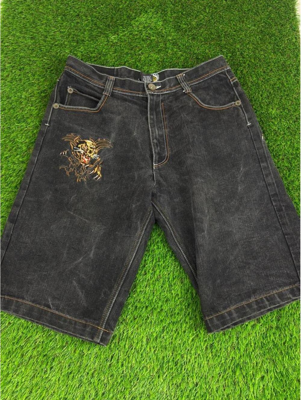 Y2K Black Denim Tiger Embroidered Baggy Jorts Shorts
